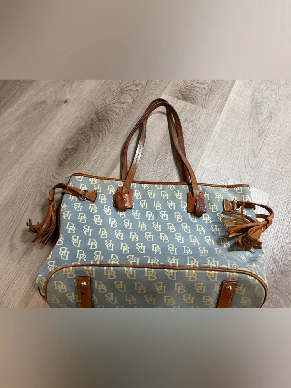 Dooney & Bourke Light Blue Monogram Tote with Brown Leather Trim